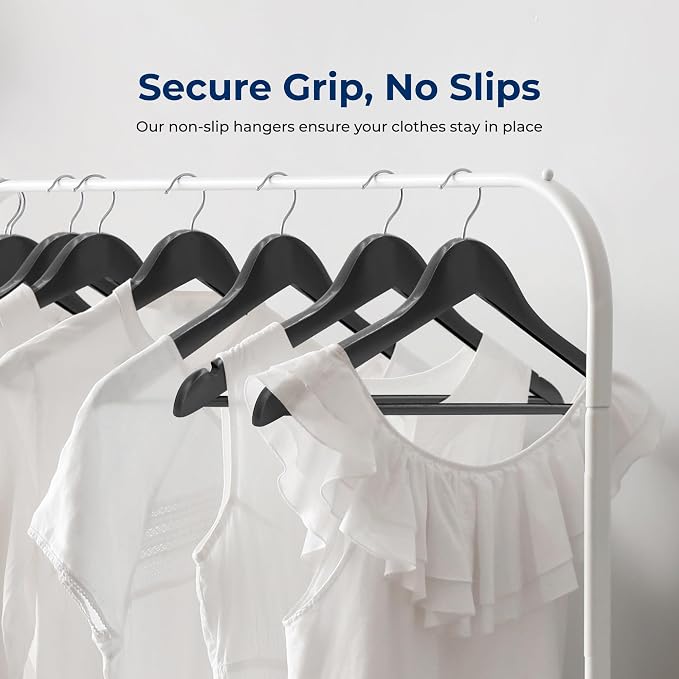 SereneLife 10 Pack Wooden Coat Hangers, Natural Wood Suit Hangers with Non-Slip Pant Bar, with 360-Degree Rotatable Hook, for Closet Organization, Shirts, Jackets, Dresses, and Pants (Black) - Image 3