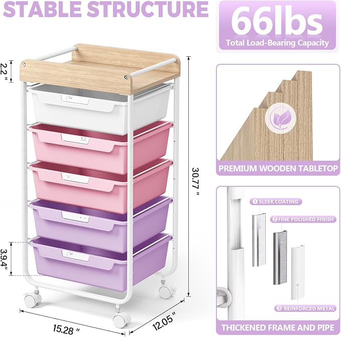 SYKIARIOL Rolling Storage Utility Cart with 5 Drawers,Purple | Craft Cart with Wheels,Makeup Organizer,Art Supply And Storage Wooden Tabletop - Image 9