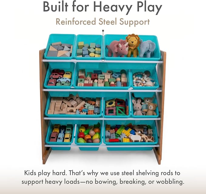Humble Crew Kids Toy Organizer with 12 Bins, 4 Tier Storage for Playroom | Sturdy wood and steel toddler shelf, removable BPA-free containers, wall anchor anti-tip safety kit for bedroom or classroom - Image 4