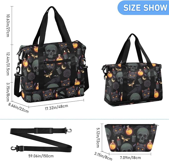 Travel Duffel Tote Bag Grey Skull Sports Duffel Bag with Wet Pocket Weekender Overnight Bag for Women Men Gym Bag, Carry On Bag Hospital Bag for Labor and Delivery - Image 2