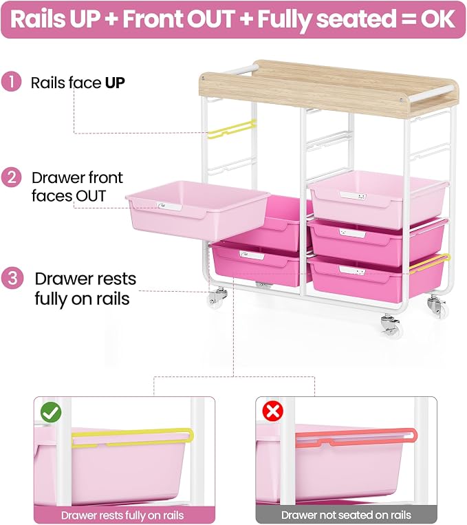 10 Drawers Rolling Cart with Wooden Tabletop, Utility Storage Cart with Wheels, Art Supply Craft Organizer on Wheel with Metal Frame & Handles for Home Office School,Pink | Easy Setup, Large Capacity, Sturdy Build, Lockable Mobility, For office, classr... - Image 9