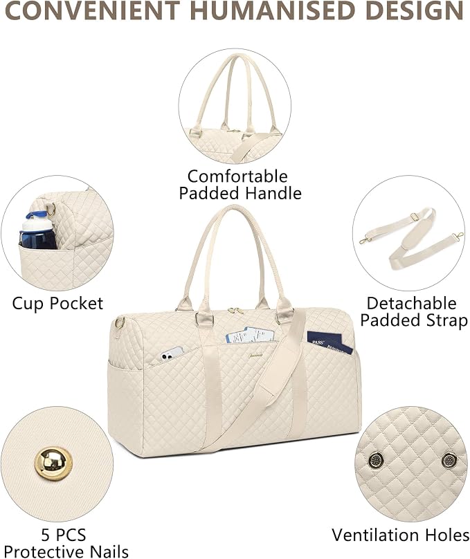 Women Weekender Travel Duffle Bag: Travel Duffel Overnight Bags with Shoe Compartment Large Carry on Tote with Toiletry Bag Weekend Traveling Yoga Gym Hospital Bag for Women with Wet Pocket Beige - Image 5