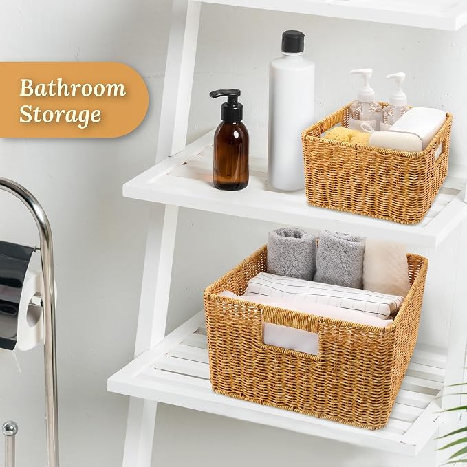 WeeNest Baskets with Handles, Wicker Storage, Shelf Boxes for Organizing, Decorative Resin, Set of 3, Amber - Image 5