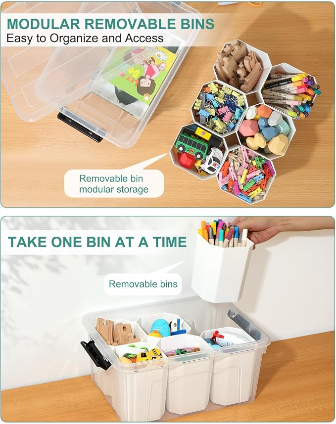 EOENVIVS Clear Storage Bins with 6 Tall Inserts, Stackable craft organizers and storage Box, Plastic Storage Totes with Lids and Handles for Crafts, Jewelry & Sewing, Art Supplies, Markers, Pens - Image 4