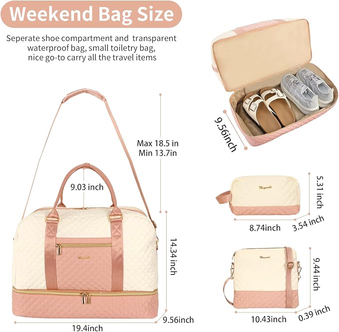 3PCS Weekender Bags for Women Large Overnight Bag, Pink Beige | Weekender Travel Duffel Bags Carry on Shoulder with Shoe Compartment Toiletry Bag Satchel Bag for Travelling Business Gym - Image 3