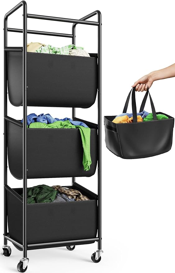 3 Section Laundry Sorter with Removable Bags, 120L Rolling Vertical Laundry Hamper, Stackable Laundry Baskets organizer for Bathroom, Apartment, Dorm (Black, With Wheel) by Unknown