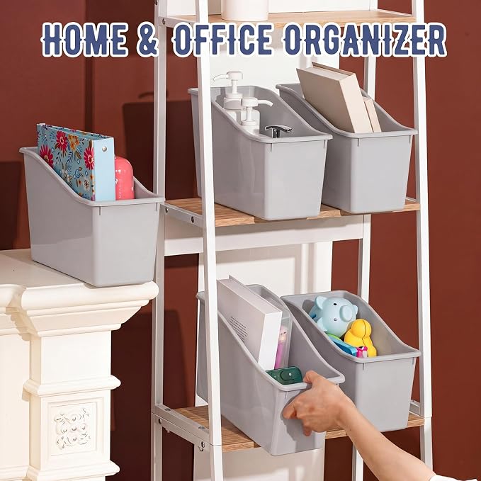 Geetery 6 Pcs Book Bin for Classroom with Labels Stackable Plastic Organizing Bins 11.5 x 5.4 x 7.5 in Book Holders Storage Bins Box Baskets for Classroom Library Home (Grey) - Image 4