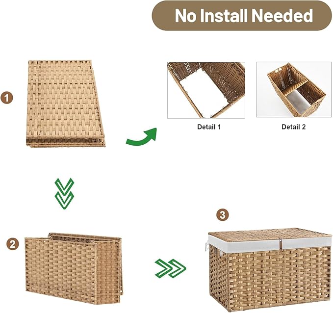 180L Wicker Storage Basket with Lid, Handwoven Rattan Large Shelf Basket with Removable Liner, 47.6 Gallon Wicker Basket for Blanket, Storage Trunk with Handle for Closet, Bedroom, Livingroom, Natural - Image 7