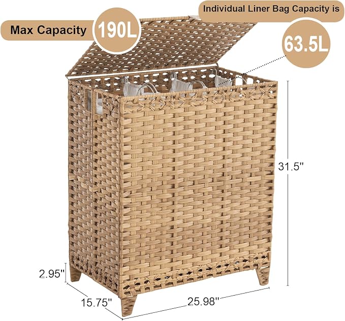 Laundry Hamper with Lid, 190L Large Laundry Basket 3 Section with 6 Removable Liner Bags & 3 Mesh Laundry Bags, Handwoven Rattan Clothes Hamper with Heightened Feet, No Install Needed, Natural - Image 4
