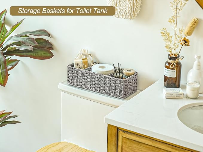 StorageWorks Toilet Paper Basket, Paper Rope Woven Toilet Tank Basket, Gray | Wicker Basket, Toilet Paper Storage for Back of Toilet Tank, Woven Baskets for Shelves, Wicker Baskets with 3 Compartments - Image 7