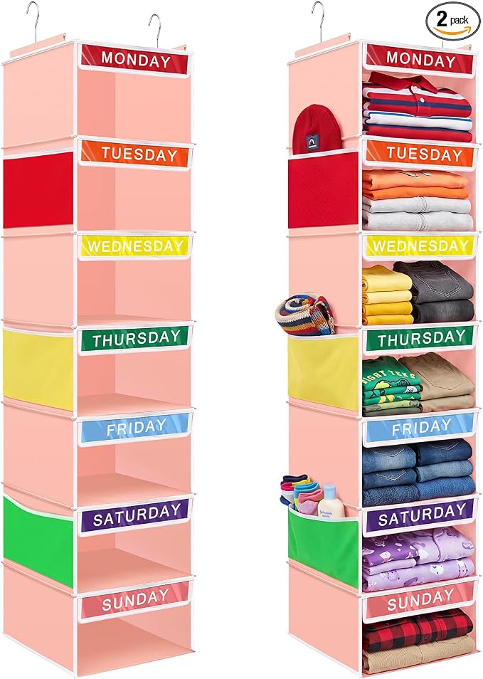 2 Pcs 7 Shelf Weekly Clothes Organizer for Kids Hanging Closet Organizer 11. 8 x 11. 8 x 50 Inch Daily Activity Kids Clothes Storage Drawers Cube Drawers Closet Hanging Shelves(Orange Pink) by Amylove