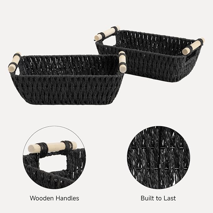 StorageWorks Small Storage Basket, Organizing Baskets for Shelf, Black | Wicker Storage Baskets for Shelves, Baskets with Wooden Handles, 2-Pack Gifts Basket for Home Decor, Hand-Woven Basket - Image 4