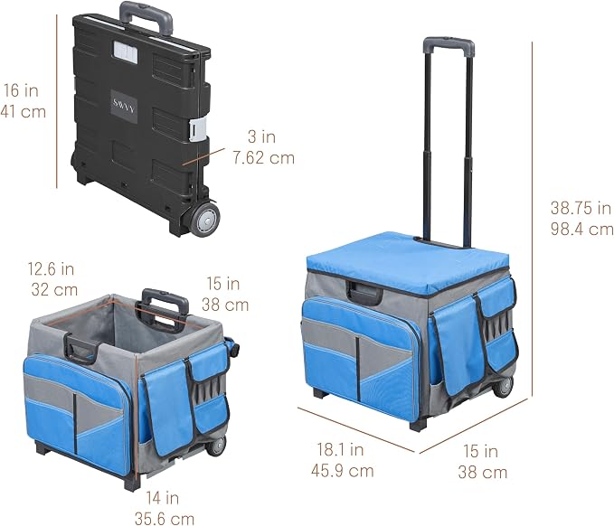 Folding Mobile Utility Cart, Canvas Organizer Bag, Blue/Grey | Durable plastic, 30 compartments, adjustable handle, 40 lb capacity, collapses to 3" thick, rolling wheels for easy transport - Image 2