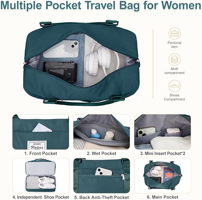 Large Weekender Bags for Women, Travel Duffel Bags with Shoe Compartment,Personal Item Travel Carry on Overnight bag for women Travel Set,Peacock Blue2 - Image 4