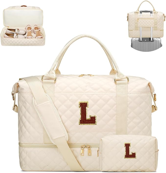 Birthday Gift for Teenager Girls Travel Duffle Bag(Beige,L) | Travel Gifts for Women-Overnight Bags with Toiletry Bag-Weekender Bags with Shoe Compartment for Travel by Unknown