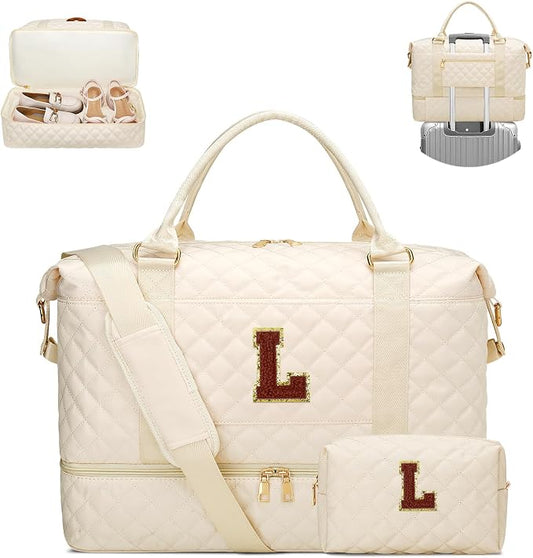 Birthday Gift for Teenager Girls Travel Duffle Bag(Beige,L) | Travel Gifts for Women-Overnight Bags with Toiletry Bag-Weekender Bags with Shoe Compartment for Travel by Unknown