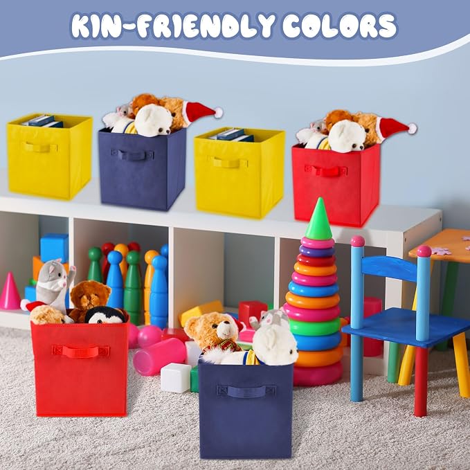 Yinder 12 Pcs Cube Storage Bin 10.5''x10.5''x11'' Storage Bins for Playroom Decor Colorful Bins for Kids Foldable Baskets for Nursery Organizer Boxes Fabric Boxes(Navy Blue, Red, Yellow) - Image 4