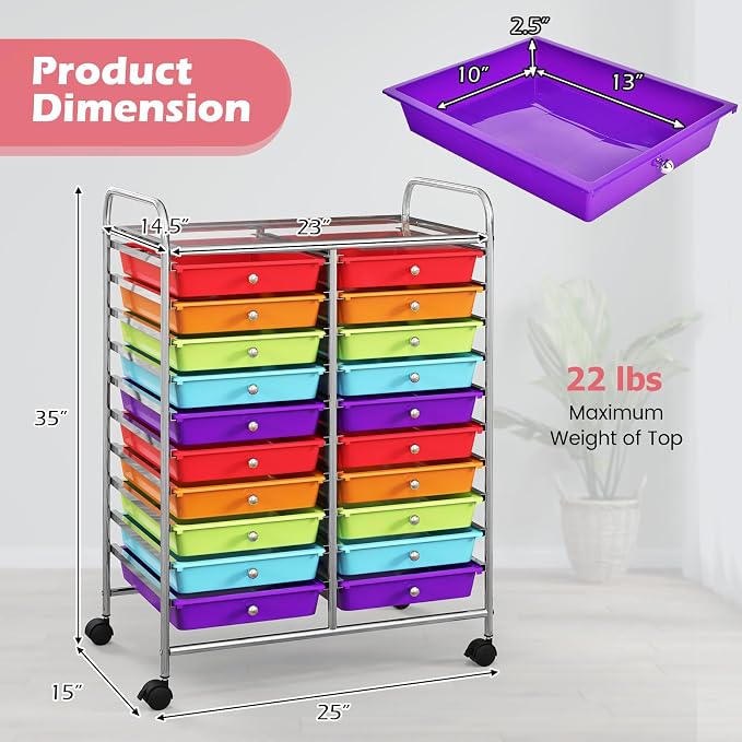 RELAX4LIFE 20 Drawer Rolling Storage Cart, Mobile Rolling Cart w/Drawers for School Classroom Teacher Office Home Salon, Paper File Art Supply Craft Organizer, Utility Cart on Wheels (Multicolor) - Image 3