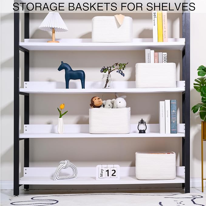 White Storage Baskets for Organizing, Woven Storage Baskets for Shelves, Cotton Rope Basket for Storage, Cute Rectangular Book Toy Basket, 12.7"×9.1"×7.9", 4 Packs, Off White - Image 3