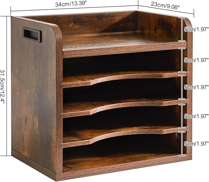 YMYNY Desktop File Organizer with Handle, Document Letter Mail Tray Sorter with 3 Adjustable Shelves, 5 Tiers Paper Holder for School Home Office Desk, Rustic Brown,13.4 * 12.4 * 9.06" UHBC006H - Image 5