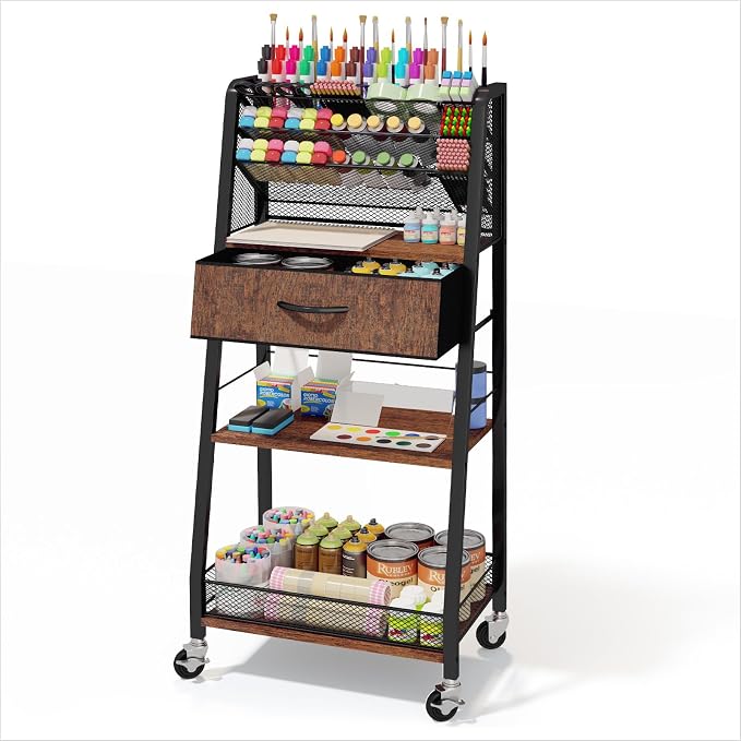 3 Tier Rolling Cart - Metal Utility Cart with Storage Drawer and Wheels, Versatile Art & Craft Organizer for Home, Office, or Studio - Ideal for Storing Brushes, Paints, and Supplies by Homsorout