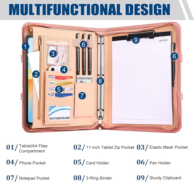 Padfolio Portfolio Binder with Handle, 3-Ring Folder Organizer, Vegan Leather Portfolio with Notepad Includes 5 Dividers with 10 Pockets for Documents Filesfor Documents Files and 1 Pen - Image 4