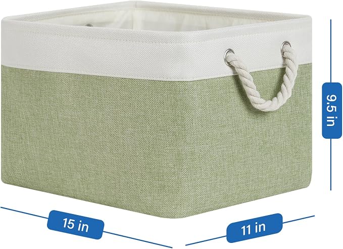 Temary Fabric Storage Baskets 4Pack Storage Bins Decorative Basket for Gift, Clothes Bin with Handles, Rectangle Baskets for Storage, Blankets(White&Green,15x11x9.5 inch) - Image 2