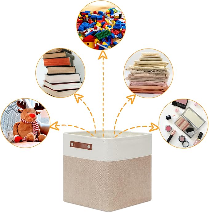 DULLEMELO Cube Storage Bins - 4 Pack Foldable Large Storage Baskets 12 inch Gifts Empty Fabric Bins for Home Office Cubes Organizer Closet, Shelves, Toy, Nursery (4 Pack - 12" White&Khaki) - Image 5