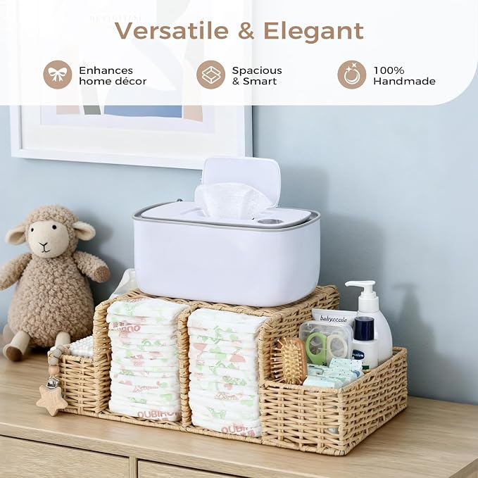 Diaper Caddy Organizer for Changing Table | Rattan Nursery Storage Basket for Baby Essentials, Baby Changing Table Organizer Perfect Nursery Assistant - Image 2