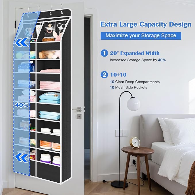 Univivi Upgraded Over the Door Organizer for Baby Nursery, Black, 6-Shelf | Fabric Door Organizer with Clear Window Deep Pockets, Over Door Hanging Organizer for Baby Essential, Bedroom, and Dorm - Image 8