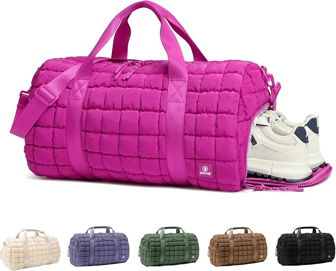 Quilted Gym Bag for Women,Duffle Bag for Travel with Wet Pocket,Carry on Weekender Bags for Women,Travel Bag with Shoe Compartment (Rose red) by DOYOGI