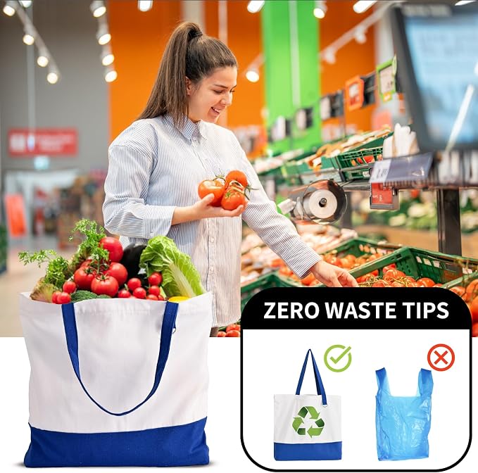1 Pack Canvas Tote Bag with Zipper, Large Grocery Tote, Royal Blue | Reusable, washable, inner pocket, flat bottom, sturdy handle, for sublimation DIY/transfer, travel/beach/gift/Christmas craft - Image 7