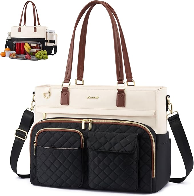 LOVEVOOK Lunch Tote Bag for Women, Work Bags with Insulated Lunch Compartment, 15.6 Inch Laptop Bag with Large Cup Holder, Teacher Nurse Tote Handbag with Multi Pockets for College, Office, Travel by LOVEVOOK