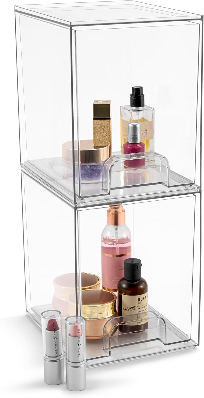 Sorbus Clear Stackable Storage Drawers (2 Pack, 7.6'' Tall) | Acrylic containers with pull-out bins keep cosmetics, brushes and daily items sorted on bathroom counters or in cabinets. - Image 8