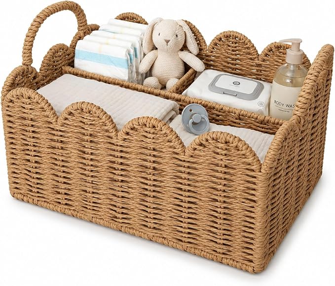 Diaper Caddy Organizer, Paper Rope Storage Baskets Nursery Bin with Removable Divider, Woven Scalloped Portable Car Organizer for Diapers, Baby Shower Gifts, Newborn Essentials Must Haves by Unknown