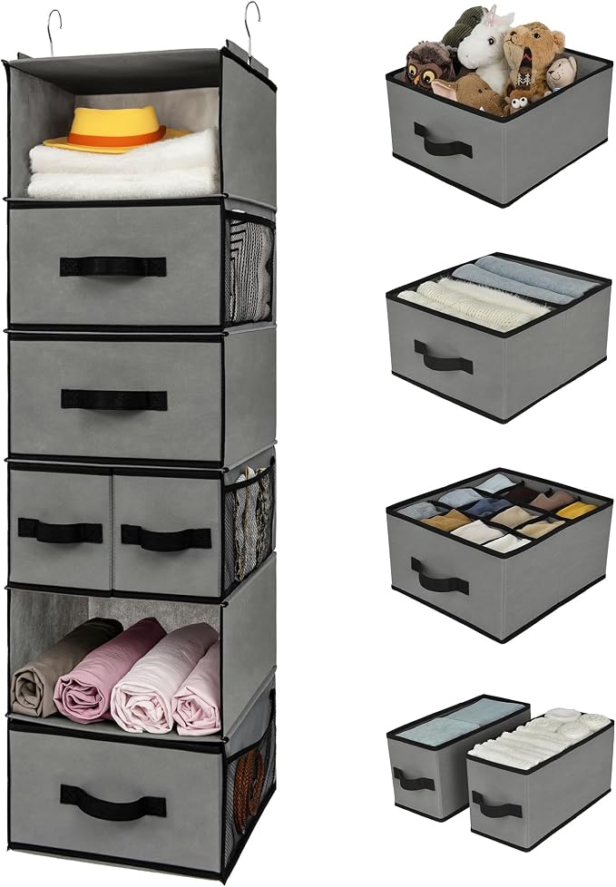 GRANNY SAYS Hanging Closet Organizer, 5 Drawers, 6 Shelves, 6 Pockets, Gray | Hanging Closet Organizer with 5 Different Drawer Designs, 6 Shelves & Reinforced Structure for Organized Small Spaces by GRANNYSAYS