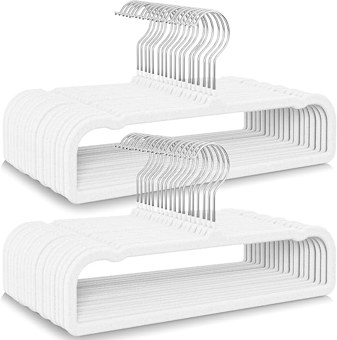 50 Pack Velvet Hangers Non Slip, Felt Pants Hangers Thin Space Saving | Clothes Hanger Flocked Strong Durable Ganchos Para Colgar Ropa with 360°Swivel Hook for Pant Jean Shorts Tank Top Linen White by Besslly