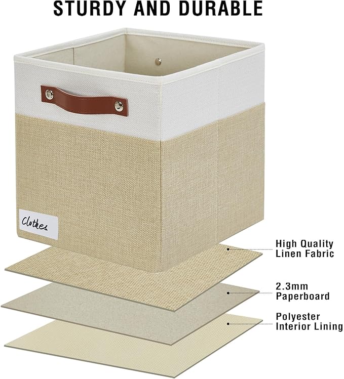 Collapsible Fabric Storage Cube Bins with 2 Reinforced PU Handles, Foldable Storage Organizer Baskets for Closet, Shelves, Living Room | 11"x11"x11", 4 Pack, Beige & White - Image 5