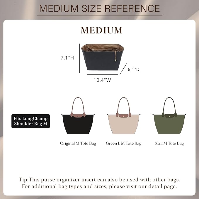 Purse Organizer Insert for Longchamp Le Pliage Medium, Black Brown | 6-Compartment Bag Organizer with YKK Zipper Pocket, Cup Holder, Key Chain, Waterproof DupontPaper Lightweight Handbag Shaper - Image 2