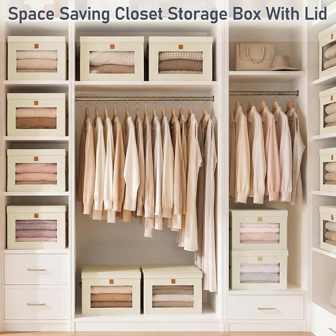 DIMJ Storage Bins with Lids - 6 Pack Front Opening Stackable Fabric Storage Boxes with Clear Window & Handles, Collapsible Closet Organizers for Clothes, Sweaters, Shelf Storage, Bedroom, Beige - Image 7