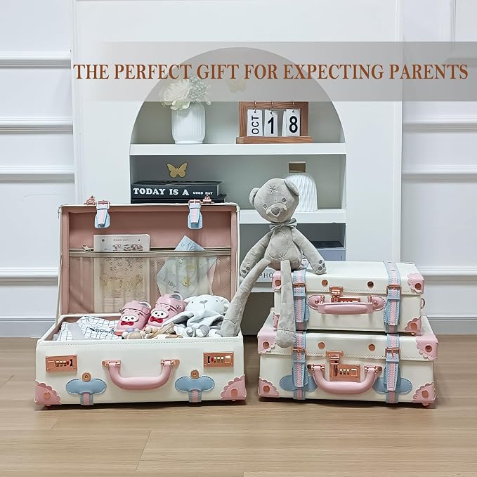 Unitravel Baby Keepsake Case, Handmade Memory Storage Box, Newborn Keepsake Box, Vintage Suitcase for Baby Shower, Baptism, Naming Ceremony or Birthday (cream white, 18") - Image 5