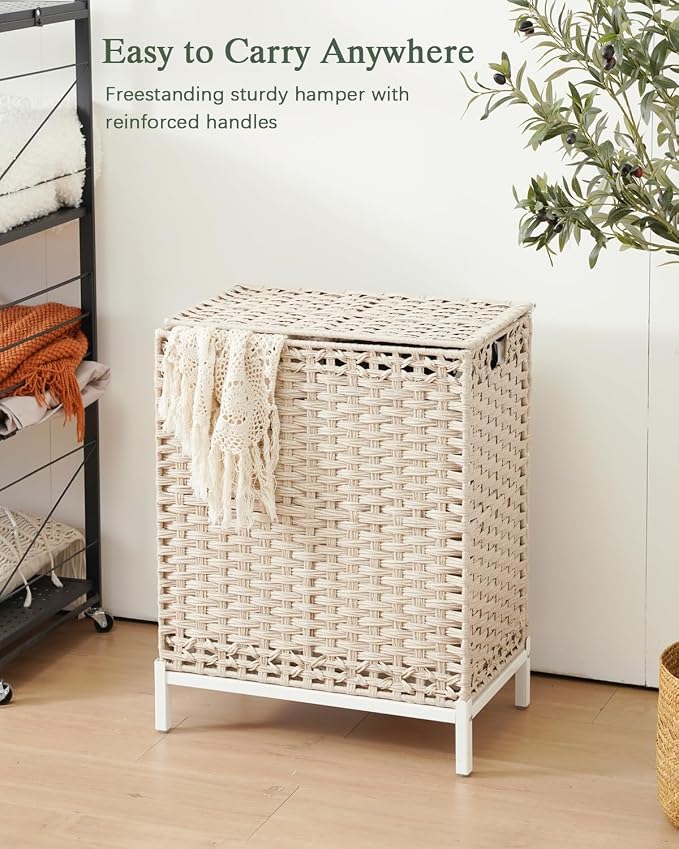 SETVSON Laundry Hamper with Lid, Wicker Laundry Basket, 112 L, Light Khaki | Handwoven PE Rattan, 2 Removable Liner Bags, Metal Heightened Feet, 6 Mesh Bags, Clothes Hamper for Bathroom Bedroom - Image 8