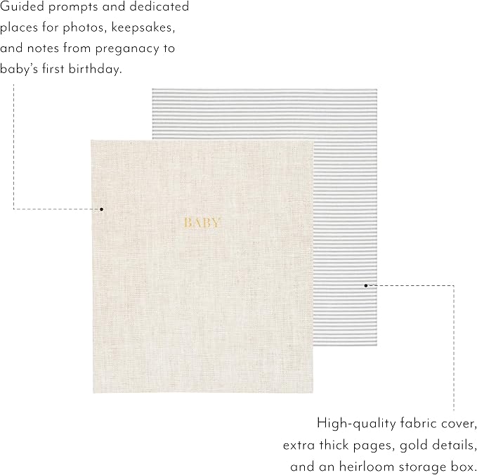 Sugar Paper Baby Keepsake Book, Memory Book from Pregnancy to First Year, Milestone Journal with Pocket Storage, Baby Shower Idea, Gender Neutral Gift, Cloth Hardcover, Flax - Image 2