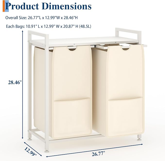 Garvee 97L Laundry Basket 2 Section, Laundry Hamper with Shelf & 2 Removable Bags, Dirty Clothes Basket Organizer for Bathroom Bedroom Room Organization, 2 x 12.8 Gal (48.5L), White and Beige | Laundry Basket with Shelf & 2 Removable Bags, Dirty Clothe... - Image 2