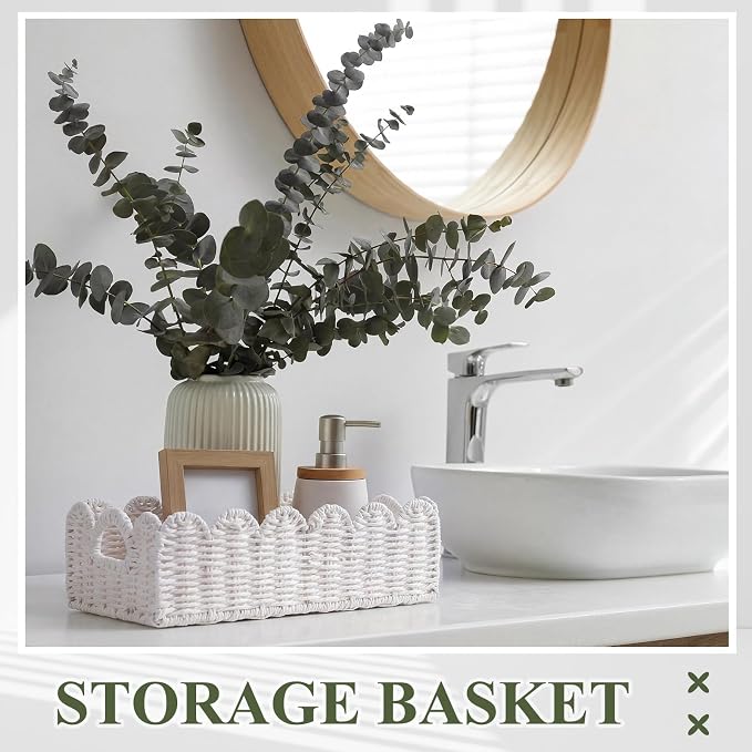 Boao 3 Pcs Boho Storage Wicker Baskets Handmade Woven Decorative Paper Rope Baskets for Organizing with Handle Countertop Toilet Paper Storage Container for Toilet Tank Top (White,Fan-shaped) - Image 5