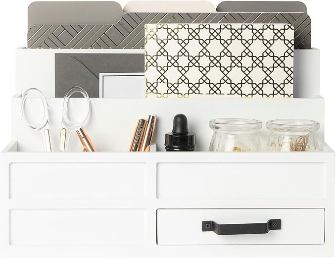 BLU MONACO | White Desktop Organizer with Drawer Storage | Tabletop Organizer with Drawers for Paper Bills Mail | Wooden Mail Organizer for Countertop Workspace by Blu_Monaco
