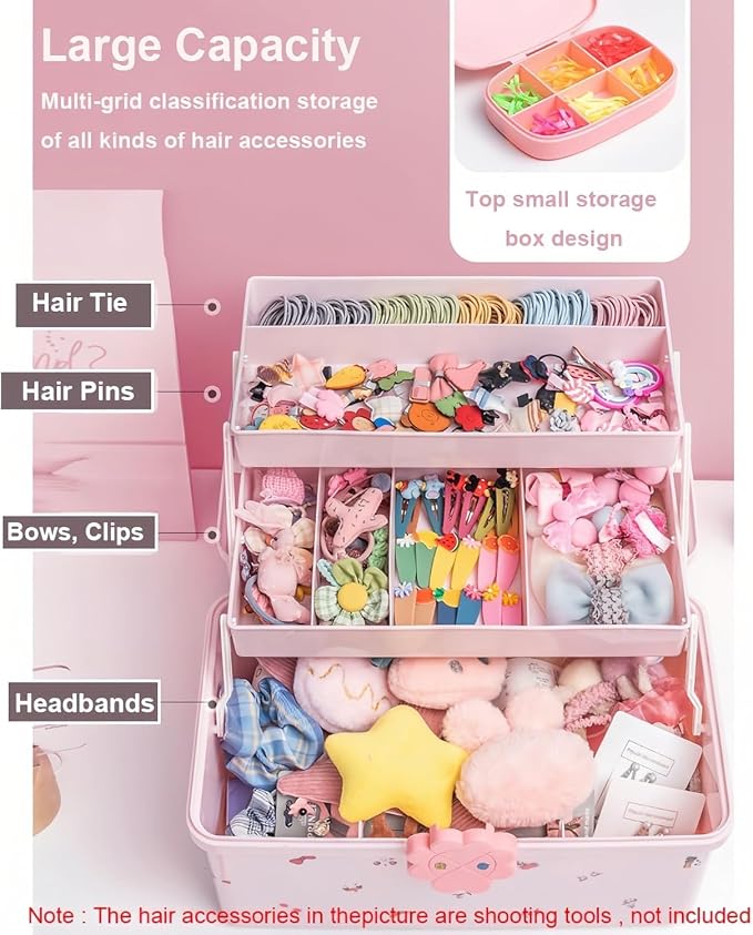 Hair Accessories Organizer for Girls Headbands, Clips, Ties Baby Girl Supplies, Lockable Three-layer Folding Craft Organizers and Storage Plastic Jewelry Box, 11.4x6.3x6.3in - Image 4