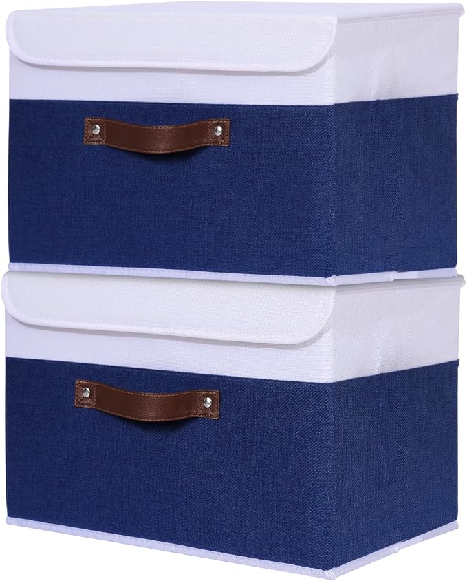 ANMINY Fabric Storage Box Bins with Lids, Blue White, 13"x9"x7.9", 2 Pack | Keepsake Memory Storage, Cotton Linen, PP Board Reinforced, Washable, PU Handles, Foldable & Stackable, Decorative, Medium by ANMINY