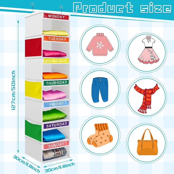2 Pcs 7 Shelf Weekly Clothes Organizer for Kids Hanging Closet Organizer 11. 8 x 11. 8 x 50 Inches Daily Activity Kids Clothes Storage Drawers Cube Drawers Closet Hanging Shelves(White) - Image 2