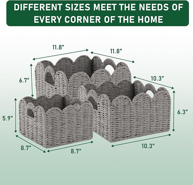 OIAHOMY Scalloped Wicker Baskets, Hand-woven Storage Baskets with Built-in Handles, Paper Rope Shelf Baskets for Organizing and Decoration, Set of 3-Grey - Image 3